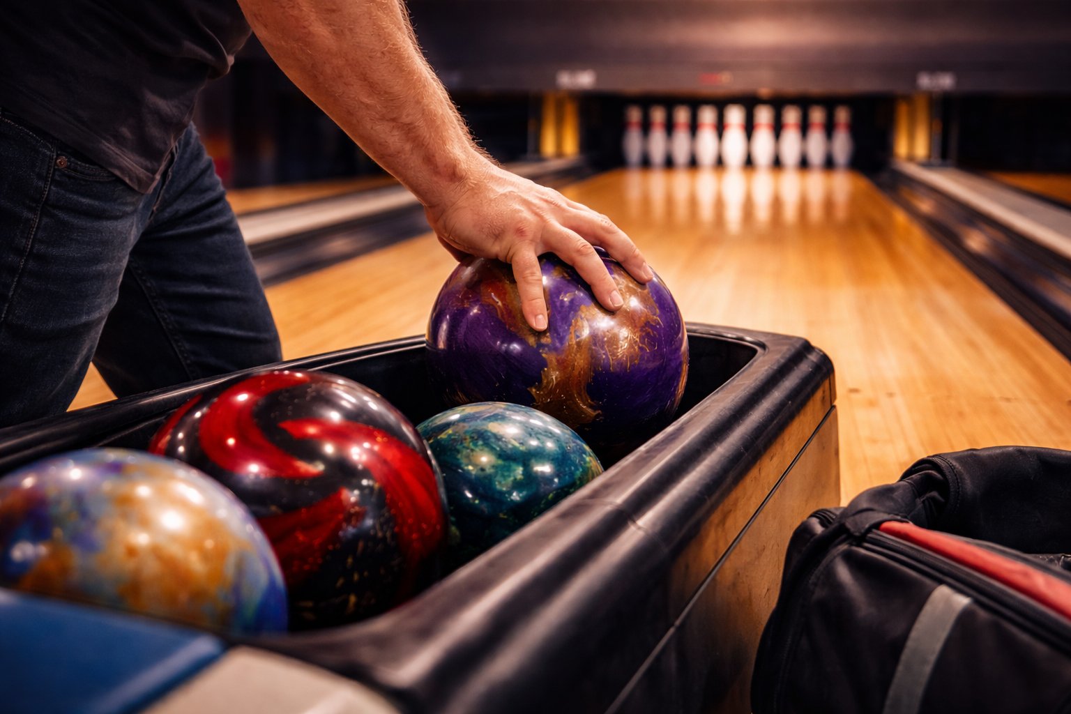 Bowler in mid-delivery, releasing ball down the lane with perfect form