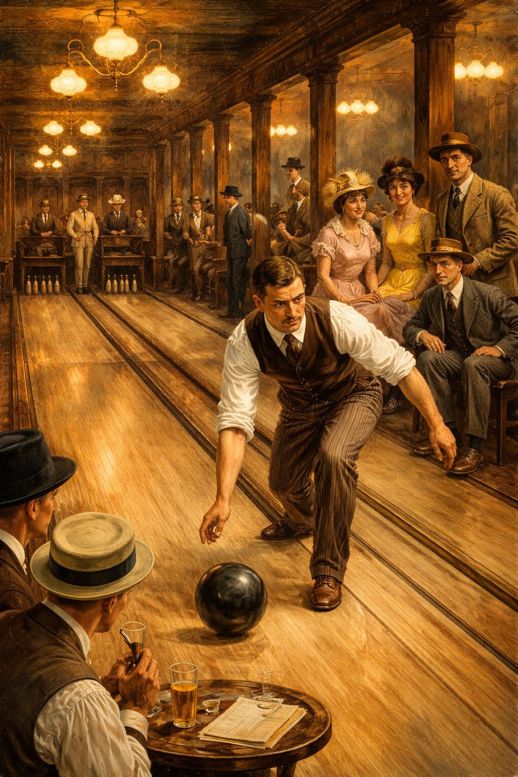 Painting of a 1900s bowling alley scene with elegantly dressed Edwardian spectators watching a bowler deliver on a polished wood lane