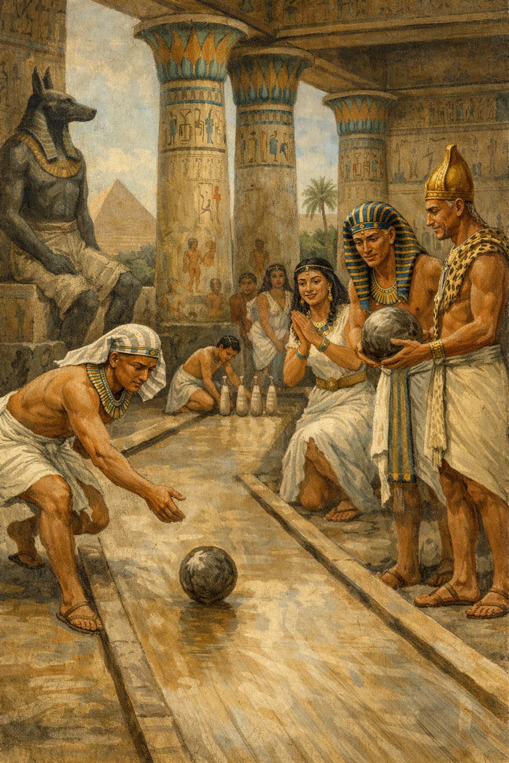 Illustration of ancient Egyptians playing an early form of bowling circa 3200 BC, with stone balls and pin-like targets in a temple setting