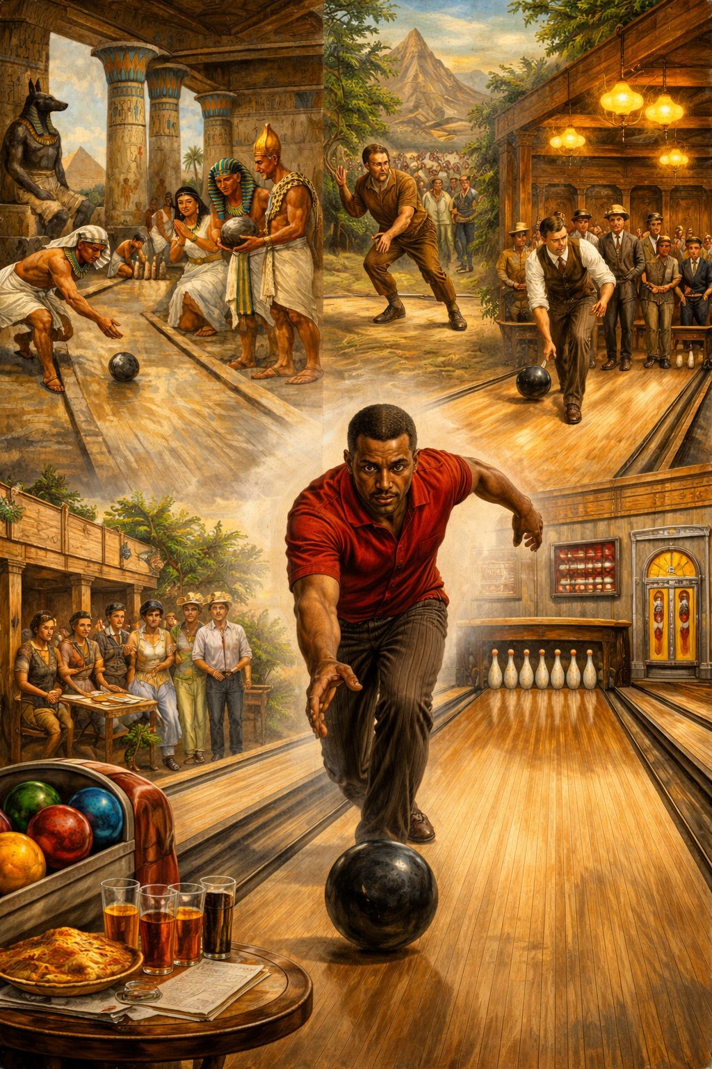 Artistic illustration spanning the full history of bowling, from ancient Egypt through the early 1900s to the modern game