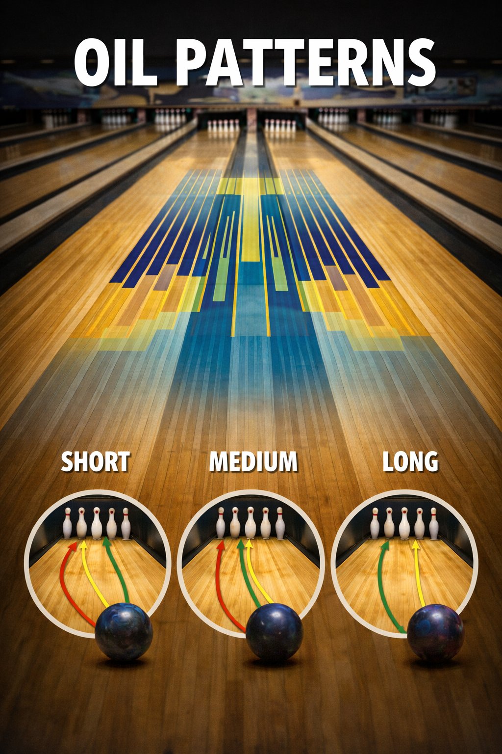 Diagram of bowling lane oil patterns showing short, medium and long patterns with ball path arrows illustrating how each produces more hook, moderate hook, or less hook
