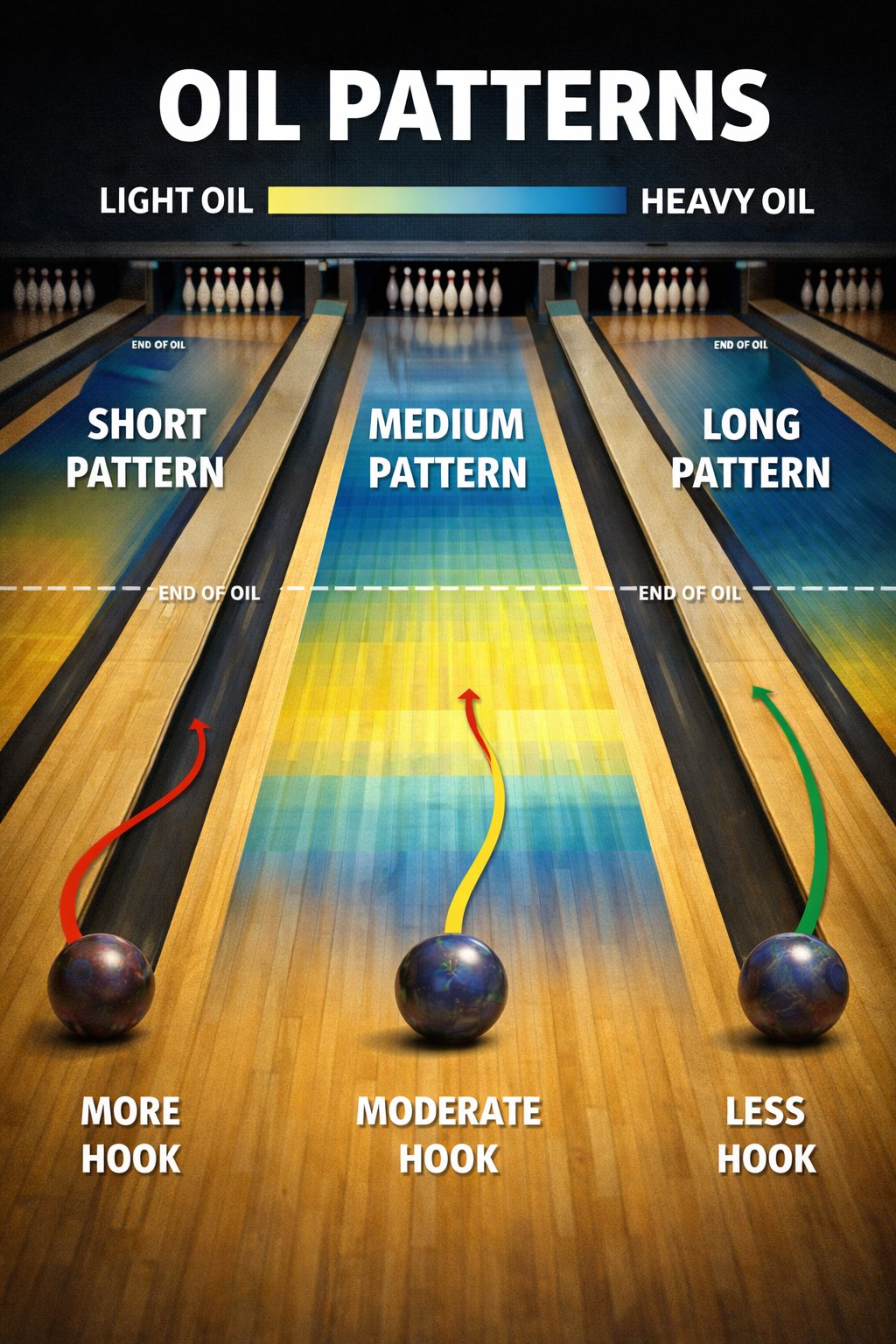 Top-down view of a bowling lane with oil pattern visualization showing short, medium and long pattern zones with color-coded ball trajectory circles
