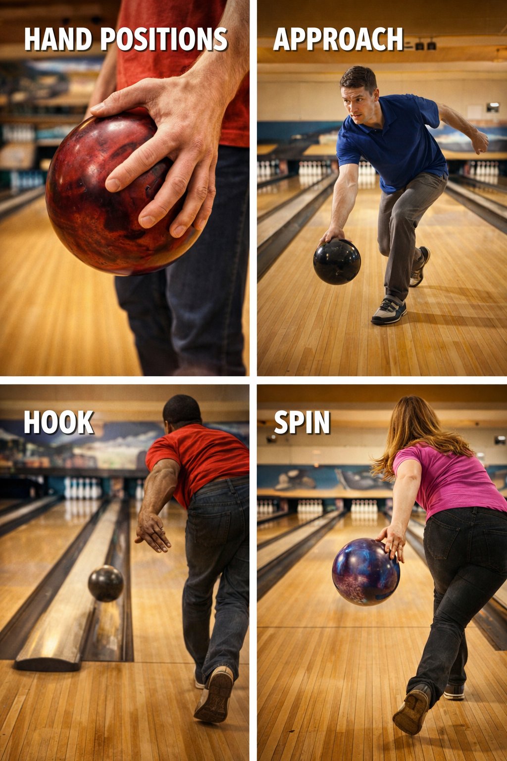 Four-panel bowling technique guide showing proper grip, quick approach steps, straight shot delivery, and follow-through beyond the foul line