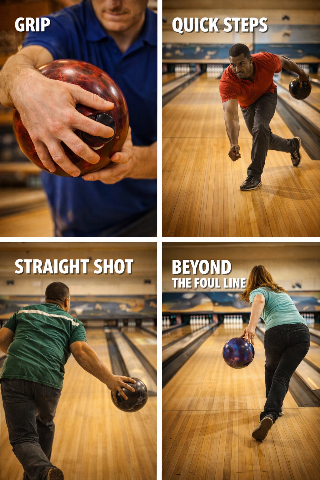 Four-panel guide to advanced bowling techniques: hand positions, approach footwork, hook release, and spin delivery demonstrated by multiple bowlers
